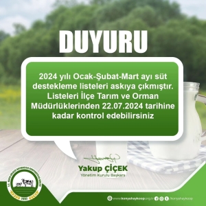 2024 yılı Ocak Şubat ve Mart ayı Süt Desteklemeleri